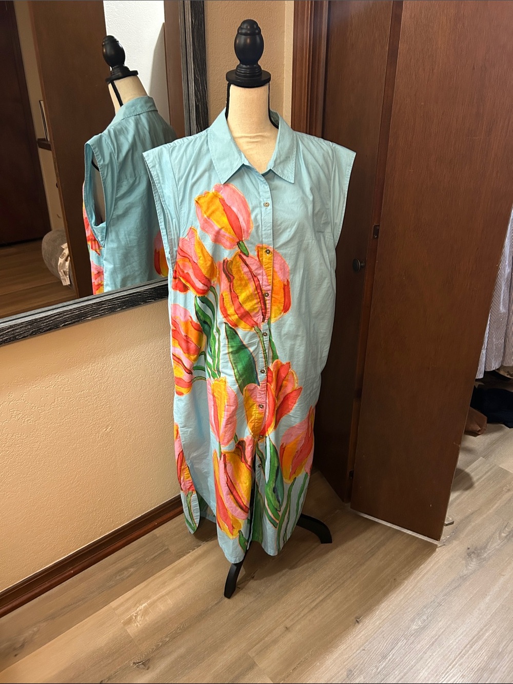 Maeve Light Blue Maxi Shirt Dress with Pink & Orange Floral Motif